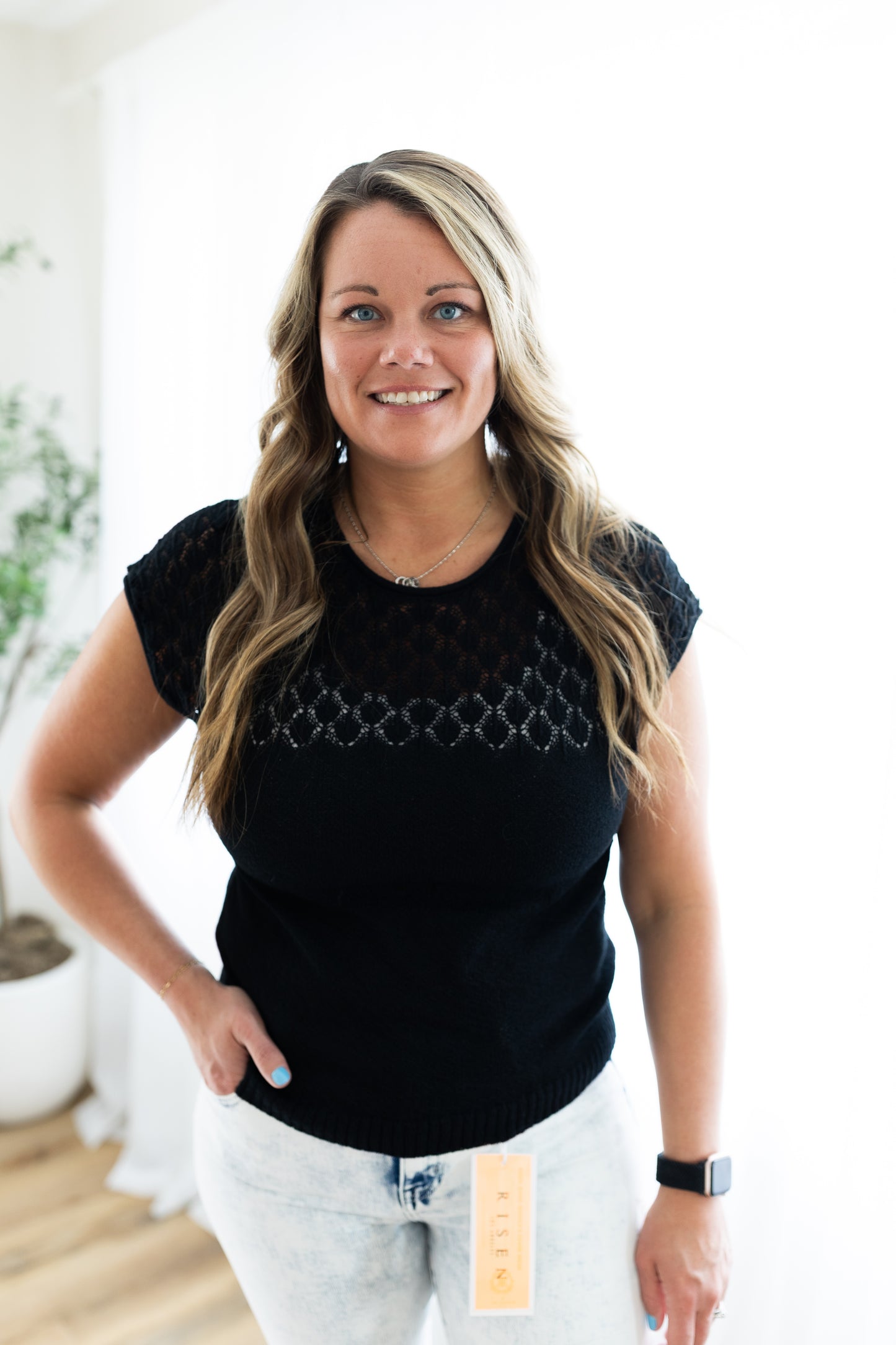 Black Eyelet Yoke Sweater Knit Top | Chic & Lightweight