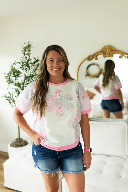 Off White Patchwork Flower Top with Pink Contrast Trim | Boho Floral Patchwork Tee