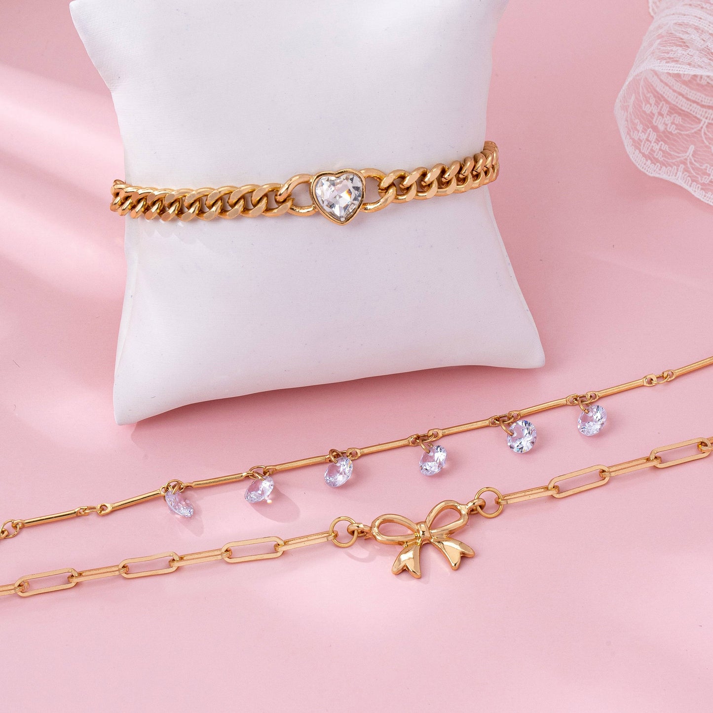 Gold Triple Stack Chain Bracelet Set with Bow and Crystal Heart | Chunky Link Layered Bracelets
