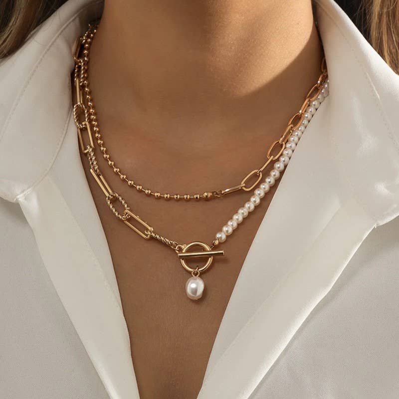 Pearl Mix Double Layer Toggle Necklace | Gold Layered Pearl Chain Necklace