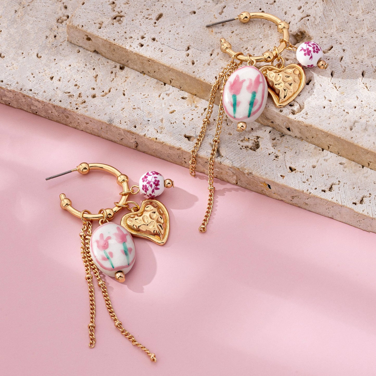 Gold Charm Hoop Earrings with Hearts and Tulip Porcelain | Vintage Floral Dangle Earrings