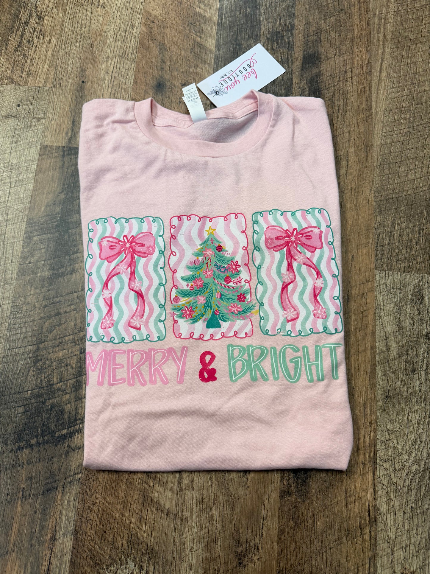 Tultex Soft Pink “Merry & Bright” T-Shirt – Festive Holiday Graphic Tee