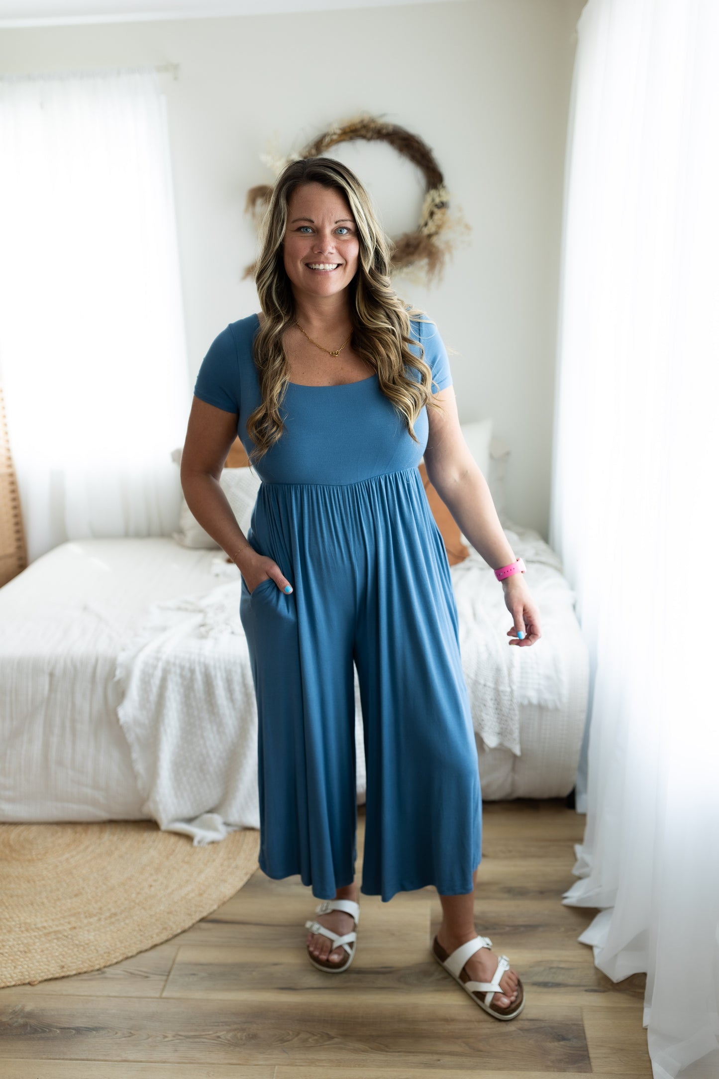Double Layered Short Sleeve Cropped Jumpsuit with Front Pockets | Casual Wide Leg One Piece