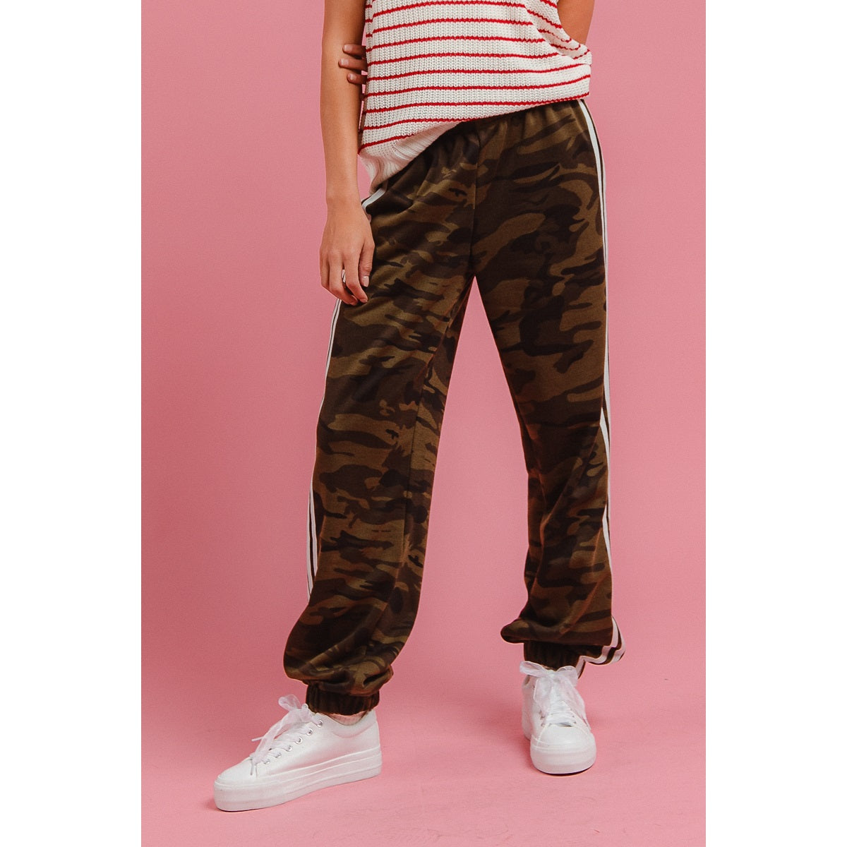 Side Lines Camouflage Track Pants | Camo Joggers with White Side Stripes