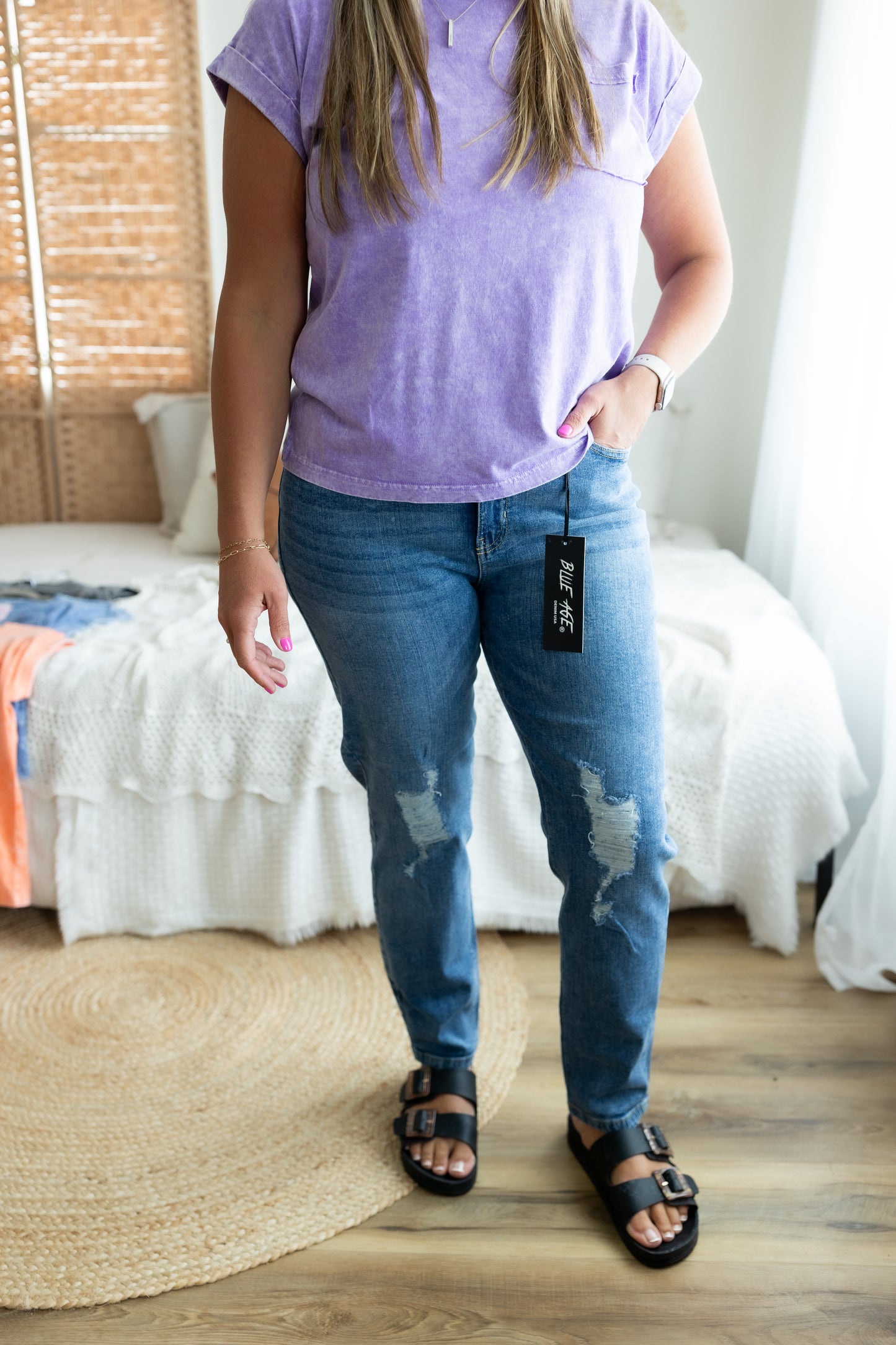 Blue Age Distressed Boyfriend Jeans | Medium Wash Stretch Denim Jeans