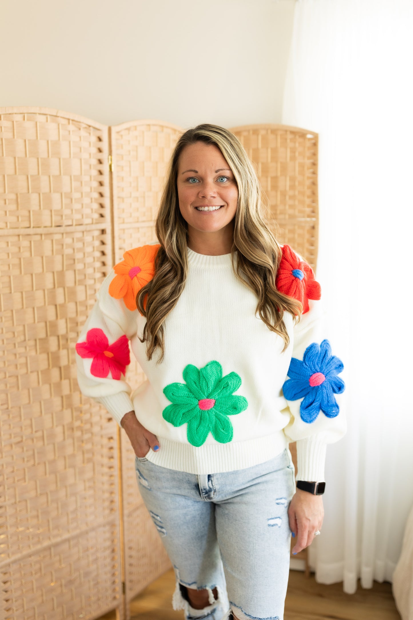Multicolor Knit Floral Patchwork Sweater with Neon Embroidered Flowers