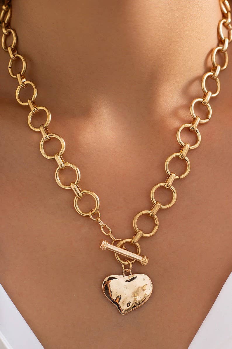 Hammered Heart Toggle Necklace | Gold or Silver Statement Heart Pendant Necklace