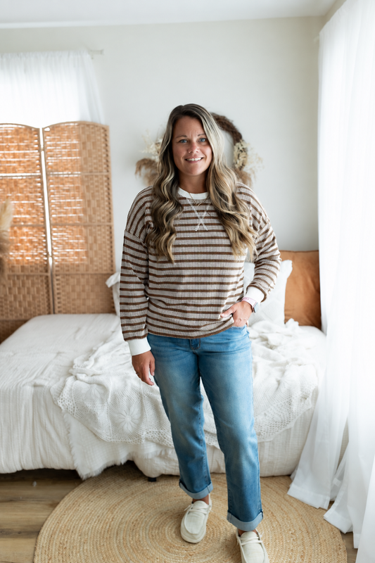 Brown Striped Raised Rib Round Neck Pullover