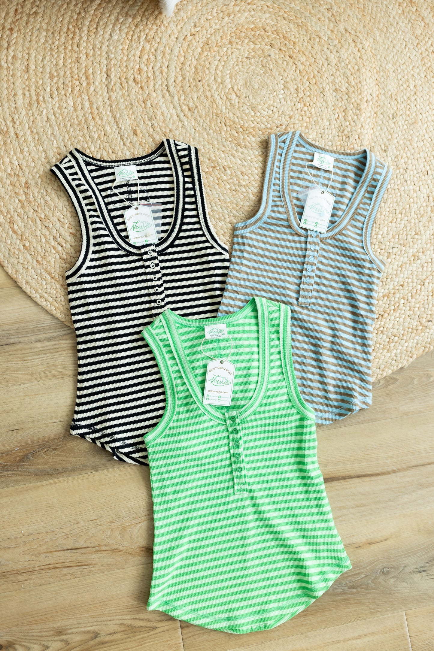 Striped Button Detail Knit Tank Top | Deep U-Neck Sleeveless Summer Top