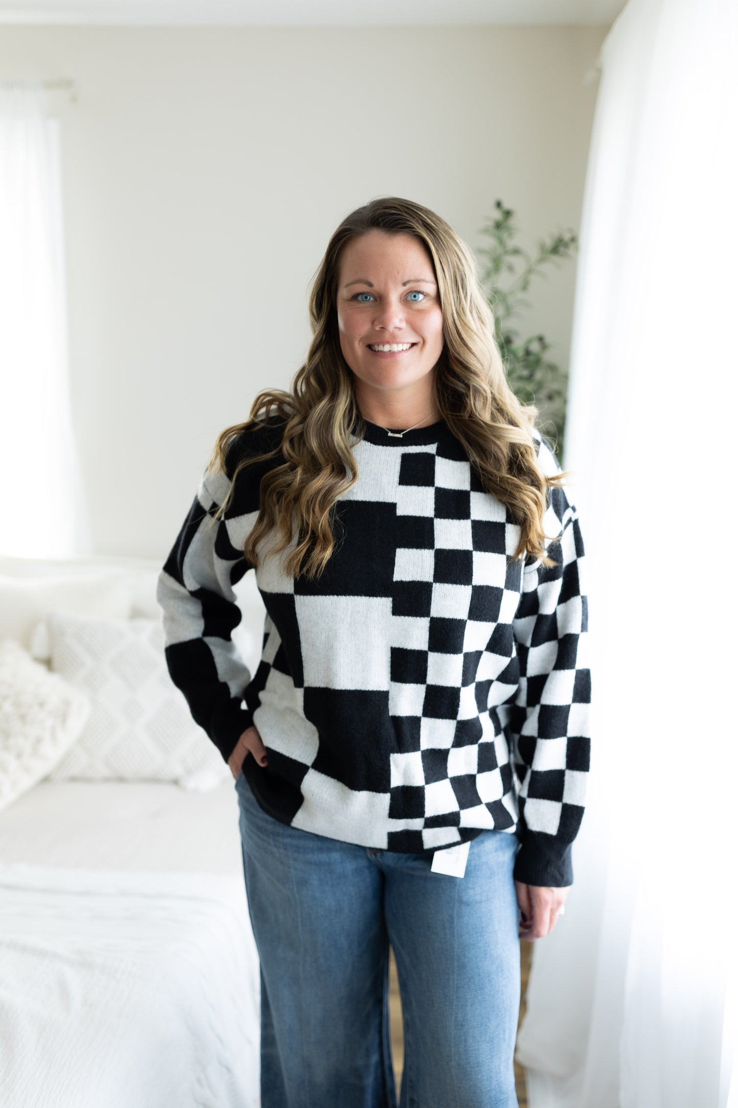 Off the Grid Sweater - Black & White Checkerboard Oversized Knit Pullover
