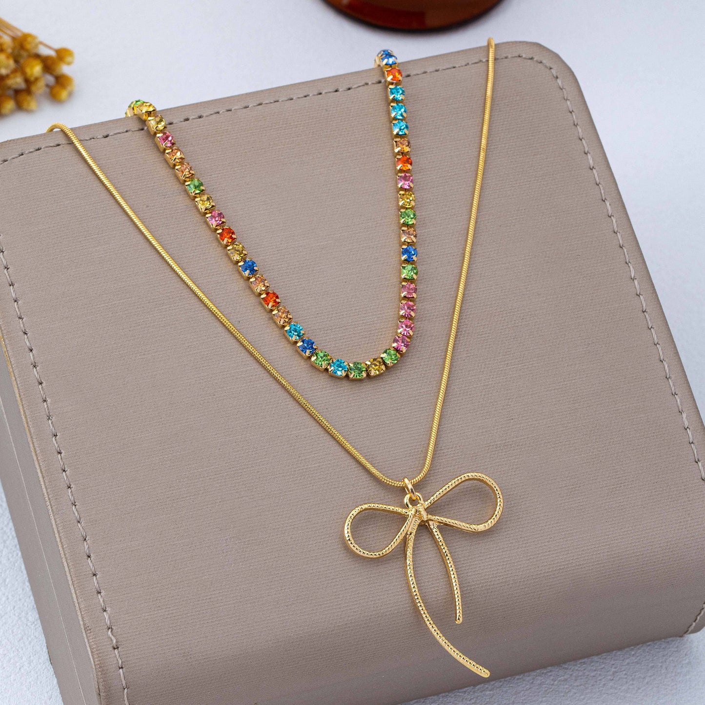 Rainbow Gemstone Bow Layered Necklace