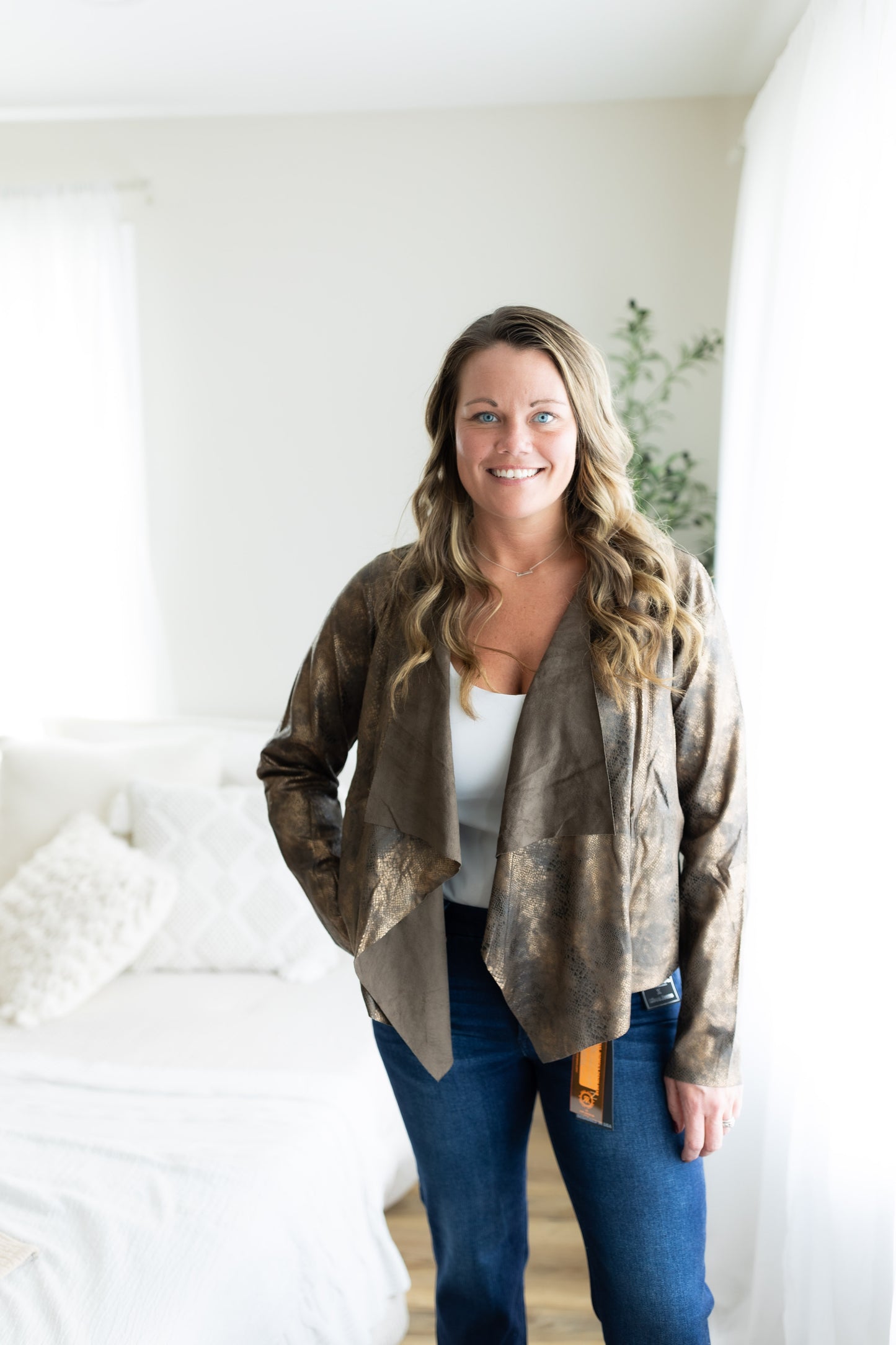 Sage Whisper Jacket – Olive Suede Animal Print Open Jacket