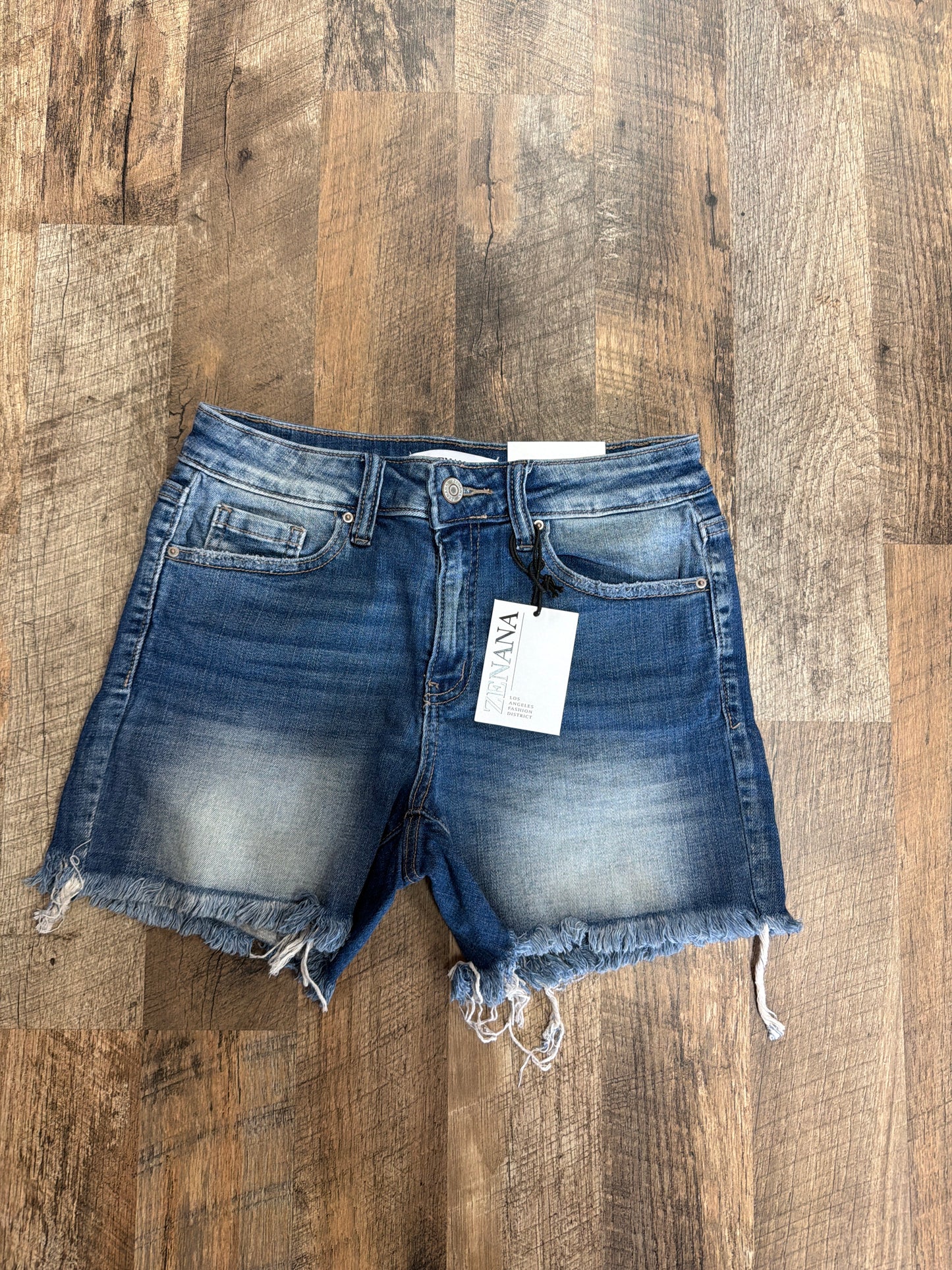 Zenana Washed Frayed Hem Denim Shorts-Medium Wash | Classic Raw Hem Everyday Shorts