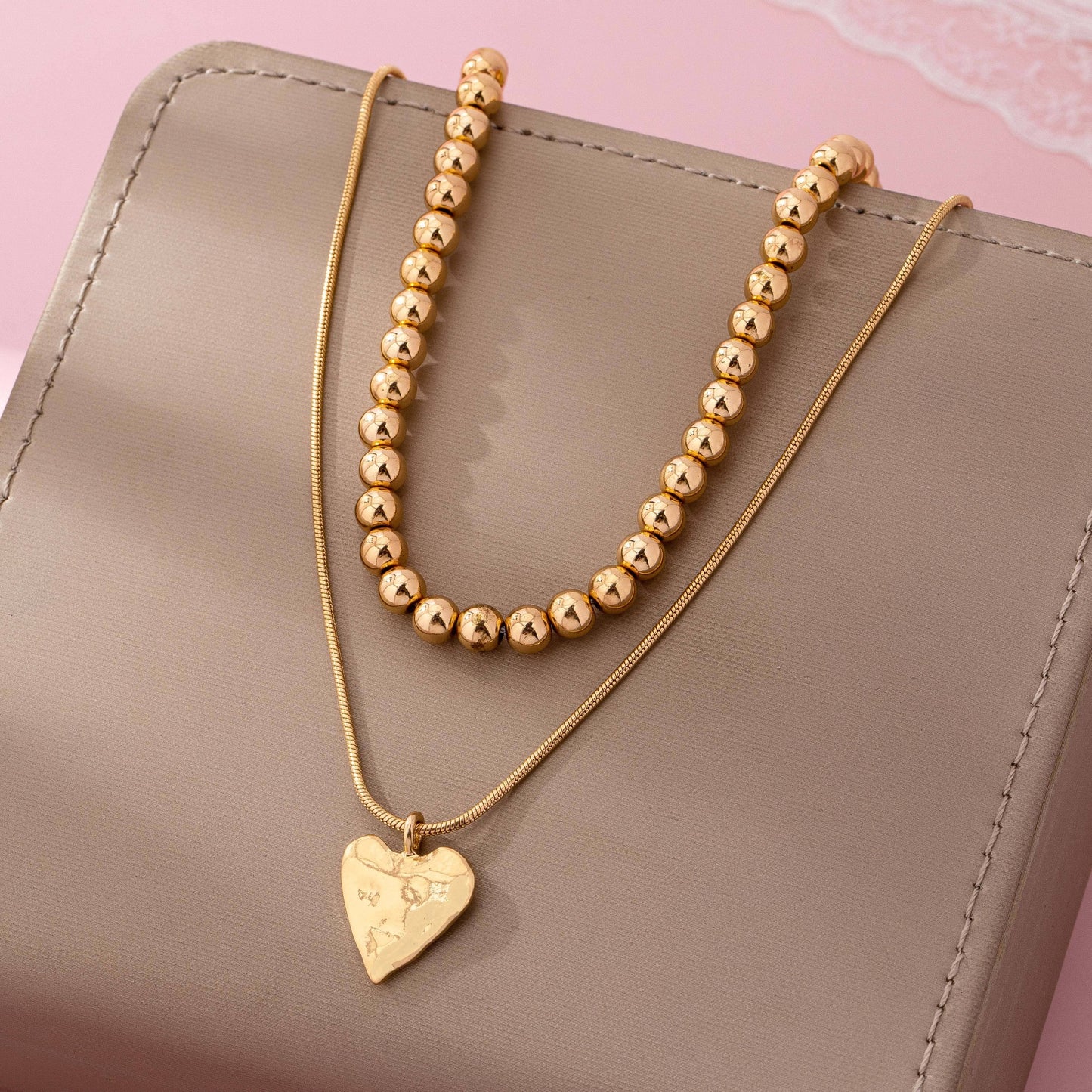 DOUBLE LAYER BALL CHAIN HEART CHARM NECKLACE | 80N92736