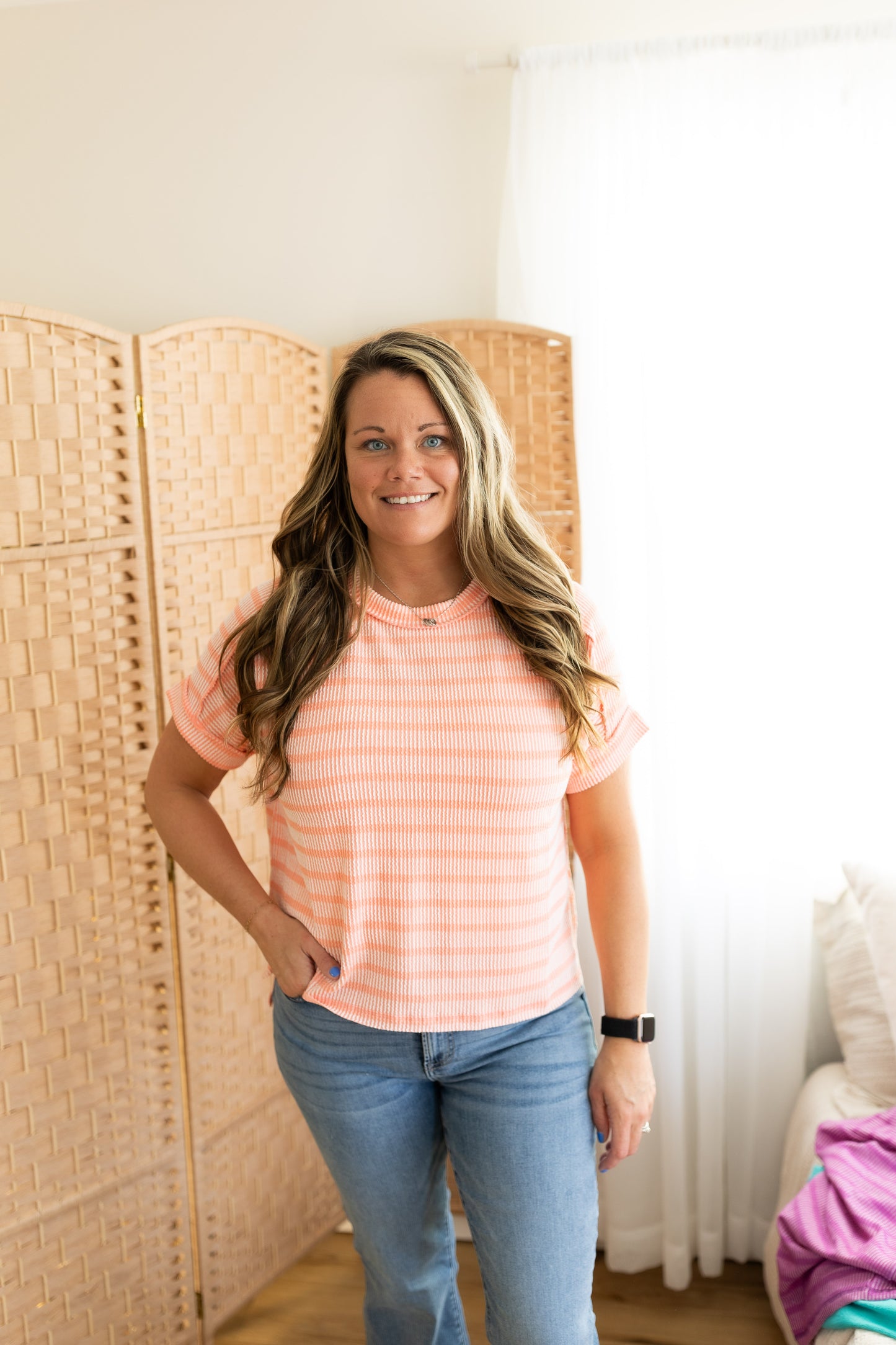 Raised Rib Striped Exposed Seam Top Casual Textured Knit