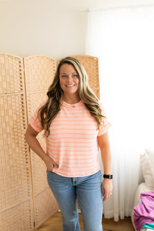 Raised Rib Striped Exposed Seam Top Casual Textured Knit