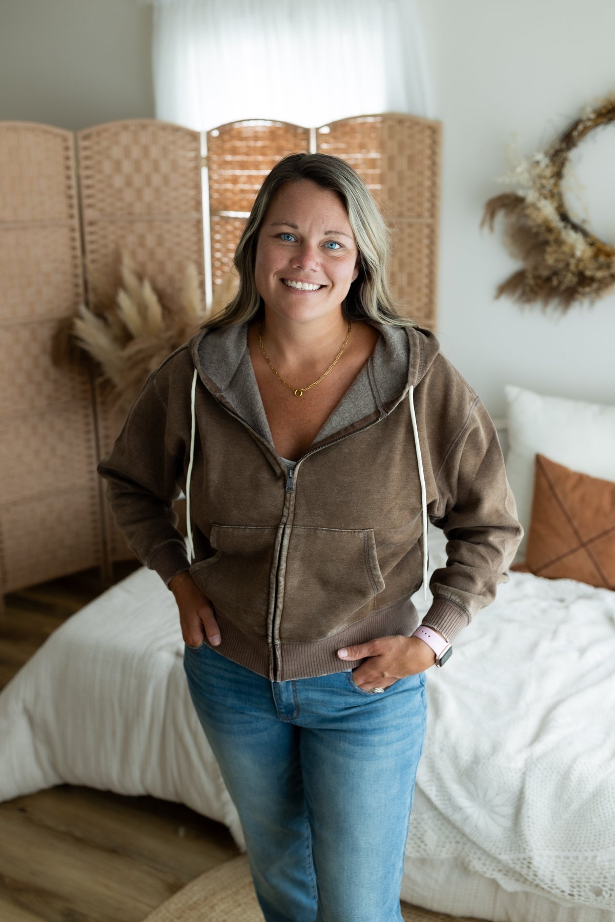 Mocha Acid Wash Cropped Zip-Up Fleece Hoodie