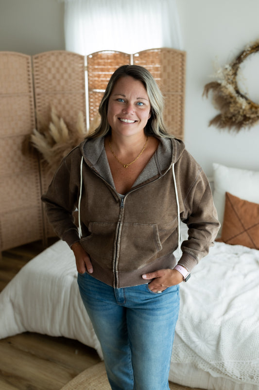 Mocha Acid Wash Cropped Zip-Up Fleece Hoodie