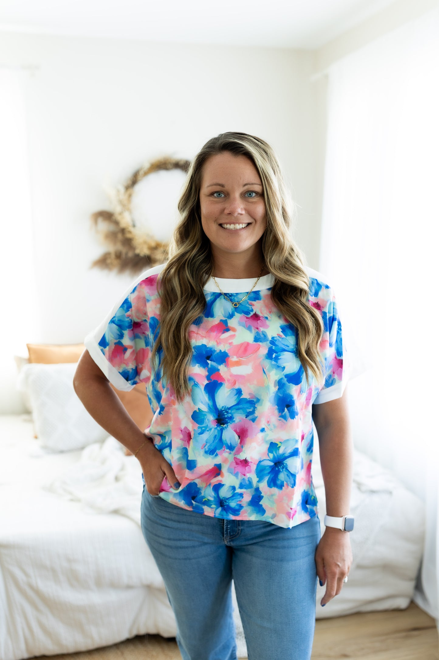 Watercolor Floral Flowy Top with White Trim – Lightweight Feminine Spring Blouse