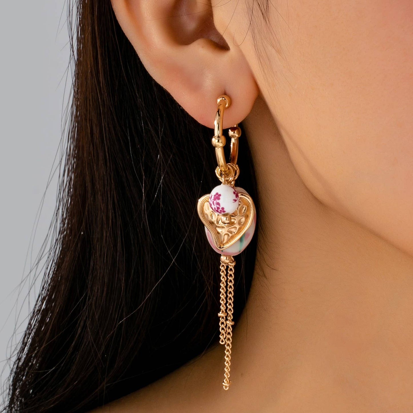 Gold Charm Hoop Earrings with Hearts and Tulip Porcelain | Vintage Floral Dangle Earrings