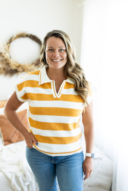 Striped Collared Short Sleeve Sweater Women’s Lightweight Knit Top