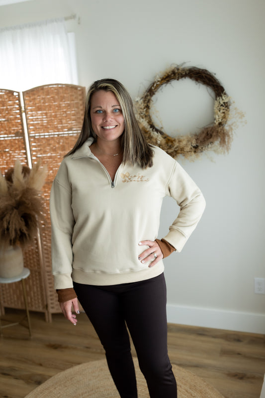 Fall Favorites Embroidered Quarter-Zip Pullover with Contrast Cuffs