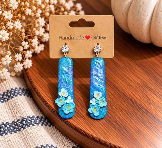 Shimmer Blue Floral Bar Clay Earrings