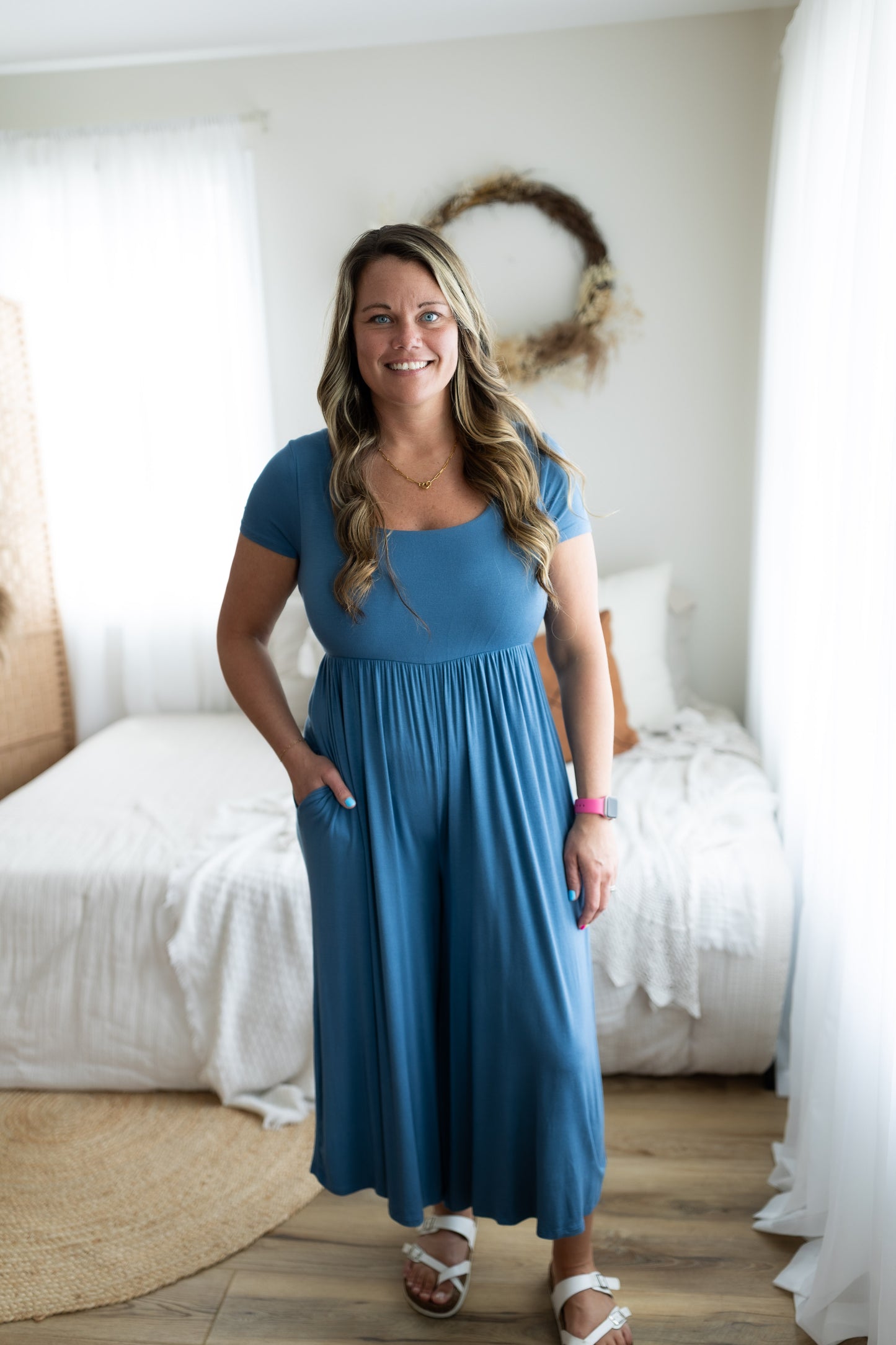 Double Layered Short Sleeve Cropped Jumpsuit with Front Pockets | Casual Wide Leg One Piece