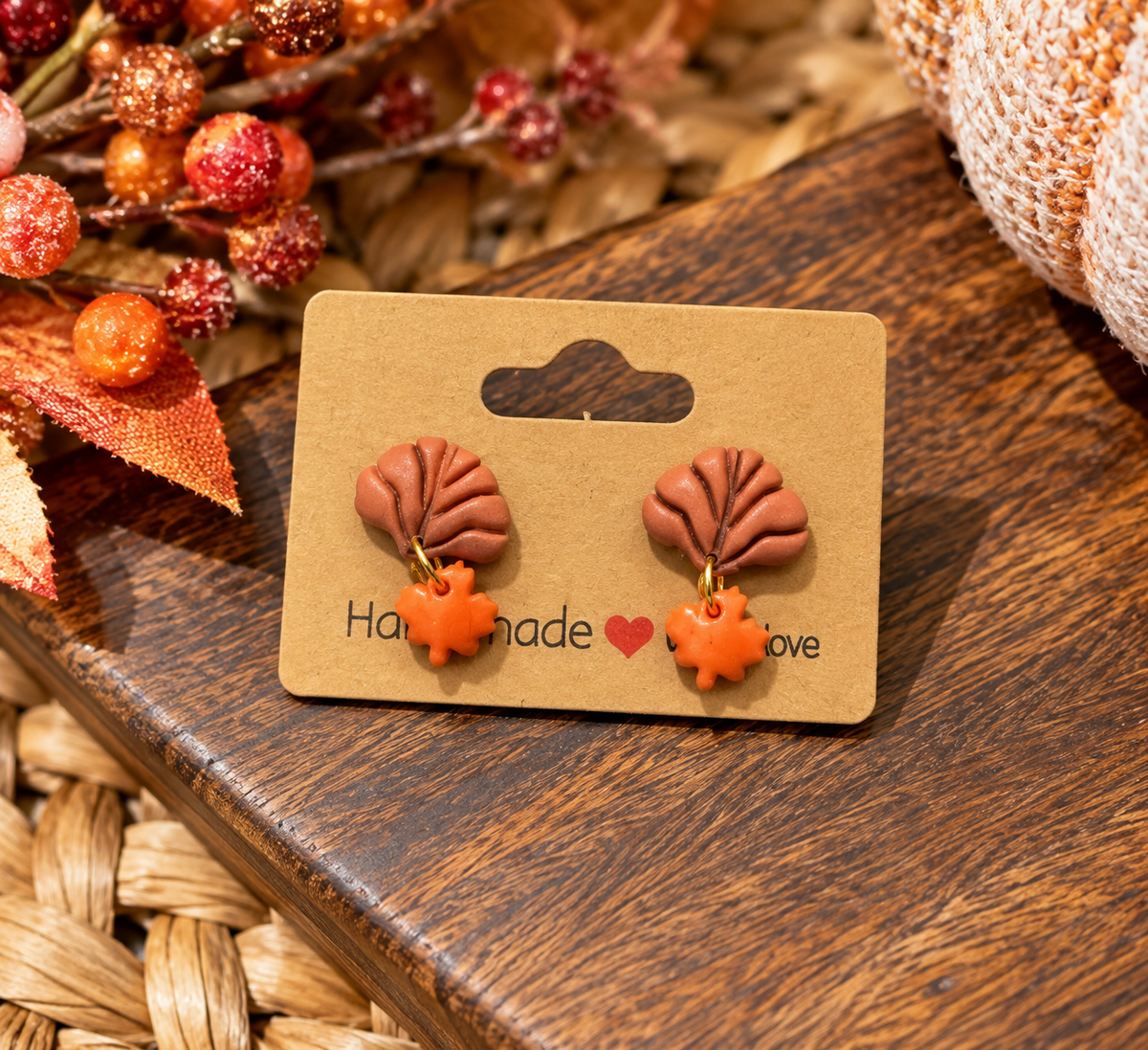 Fall Leaf Fan Drop Clay Earrings