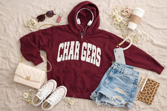 Maroon Chargers Zip Up Hooded Jacket | Cozy School Spirit Full Zip Hoodie