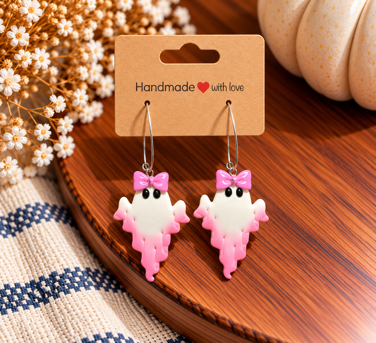 Pink Bow Ghost Clay Earrings