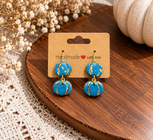 Teal & Gold Double Pumpkin Clay Earrings