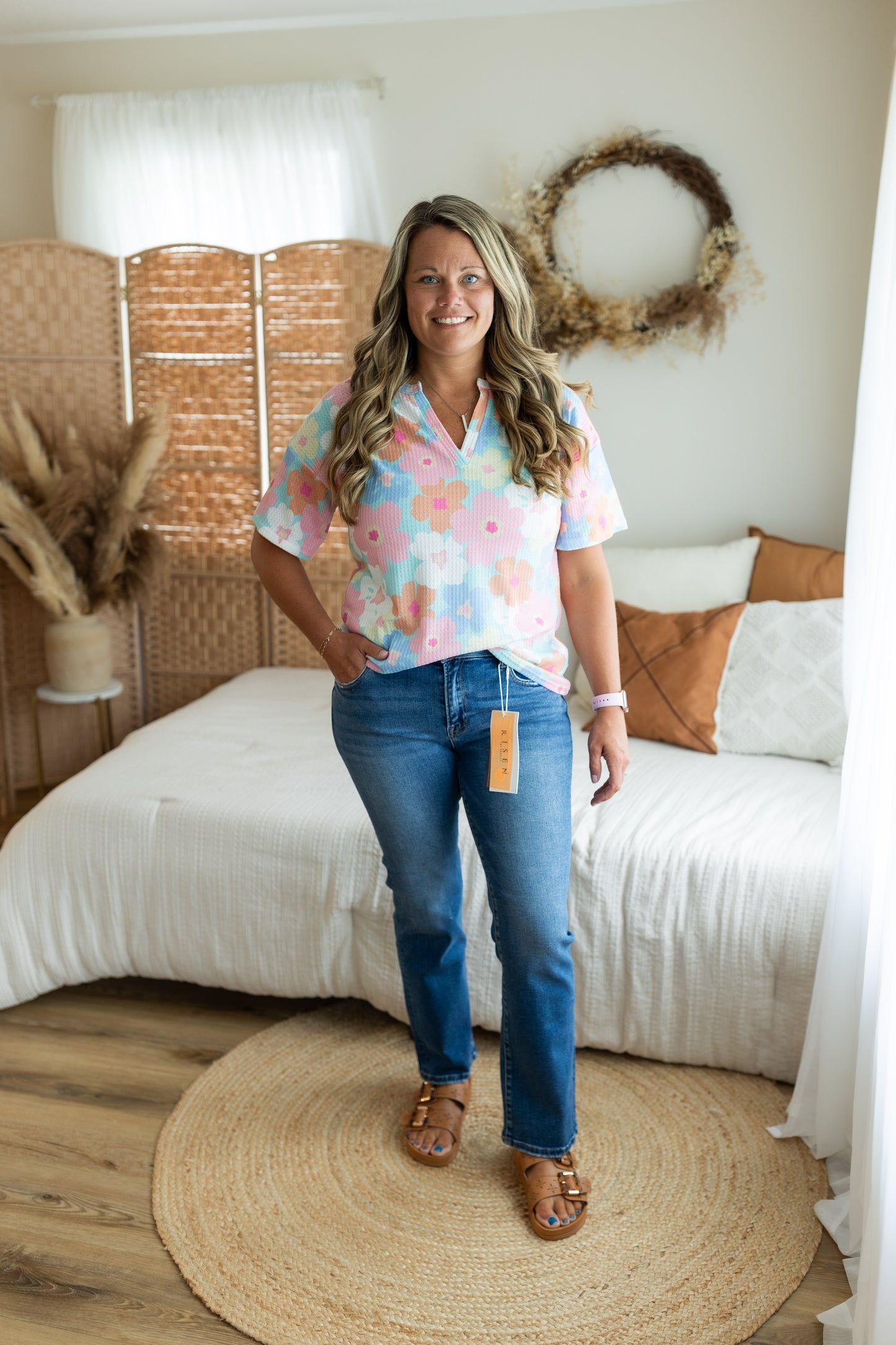 Risen Mid Rise Straight Jeans | Stretch Denim Everyday Straight Leg Jeans