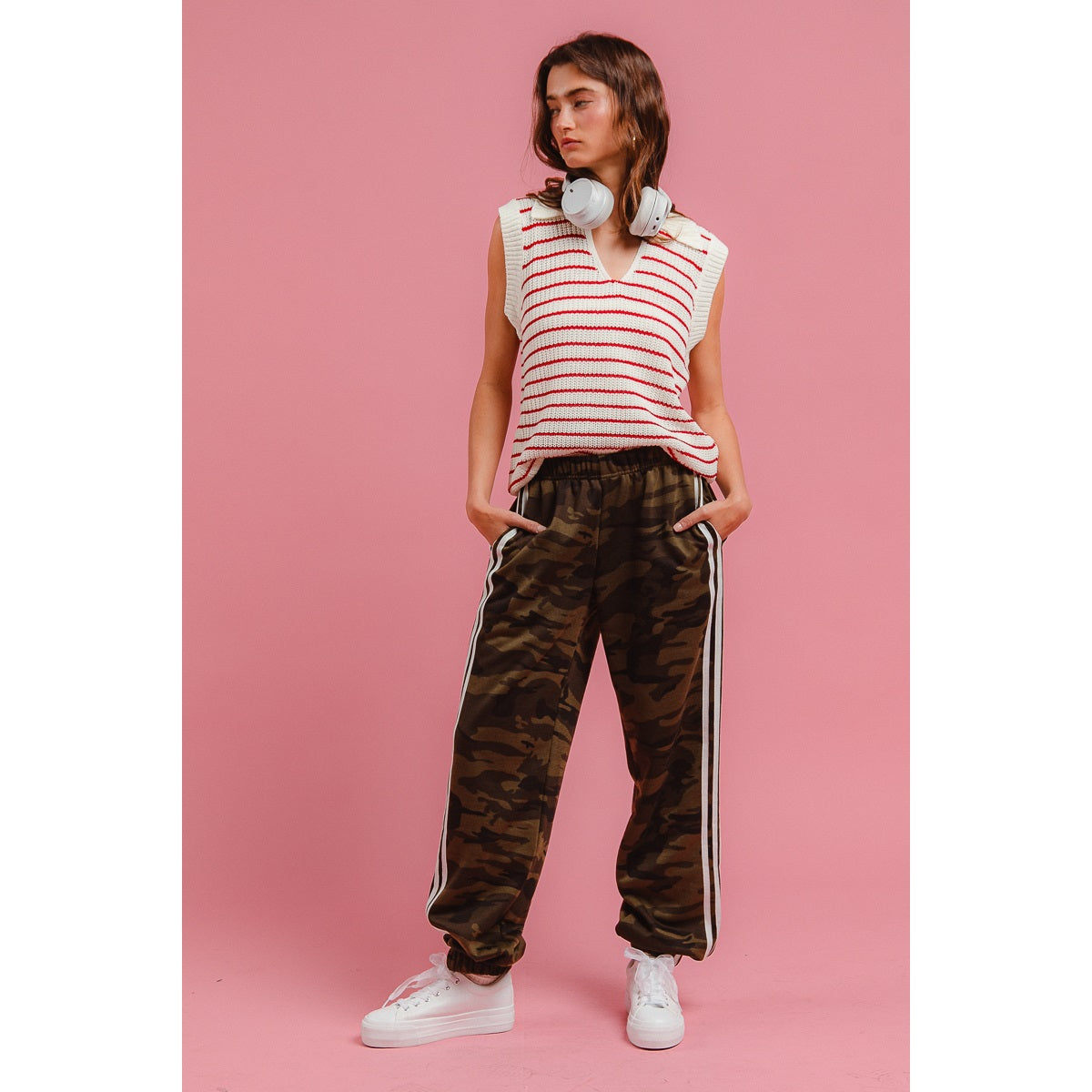 Side Lines Camouflage Track Pants | Camo Joggers with White Side Stripes