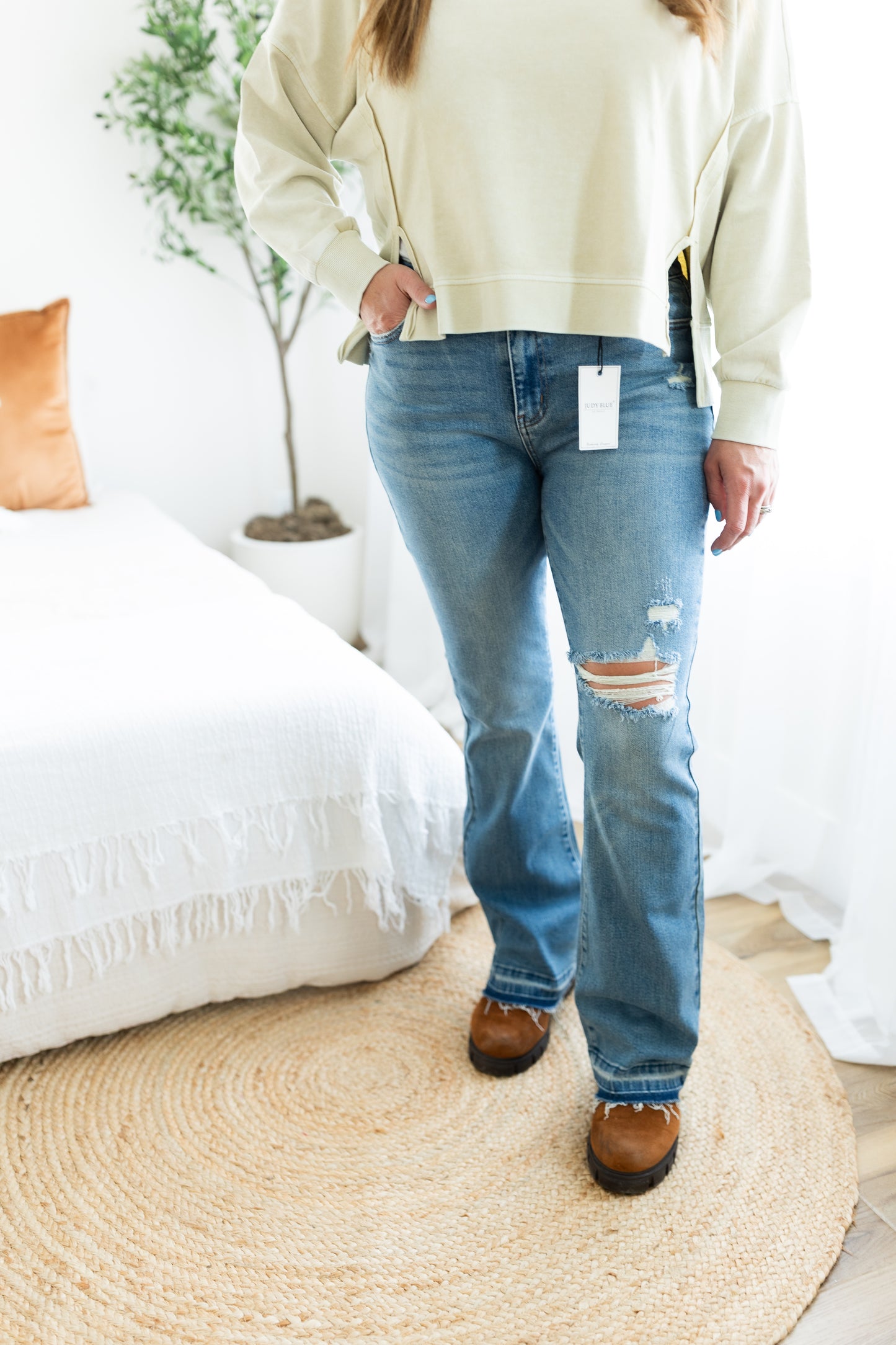 Judy Blue Mid Rise Bootcut Jeans with Detailed Hem | Flattering Stretch Denim