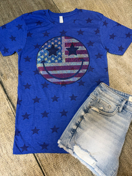 Spangled Rhinestone Patriotic Happy Face Tee | American Flag Smiley Graphic Shirt