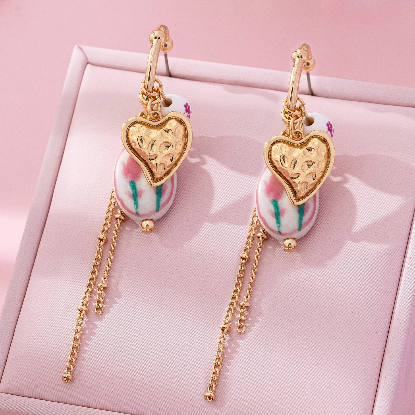 Gold Charm Hoop Earrings with Hearts and Tulip Porcelain | Vintage Floral Dangle Earrings