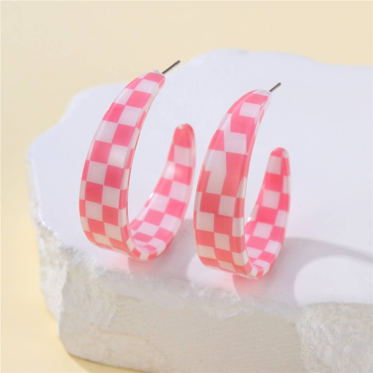 Retro Checkerboard Hoop Earrings | Lightweight Gold Plated Statement Earrings