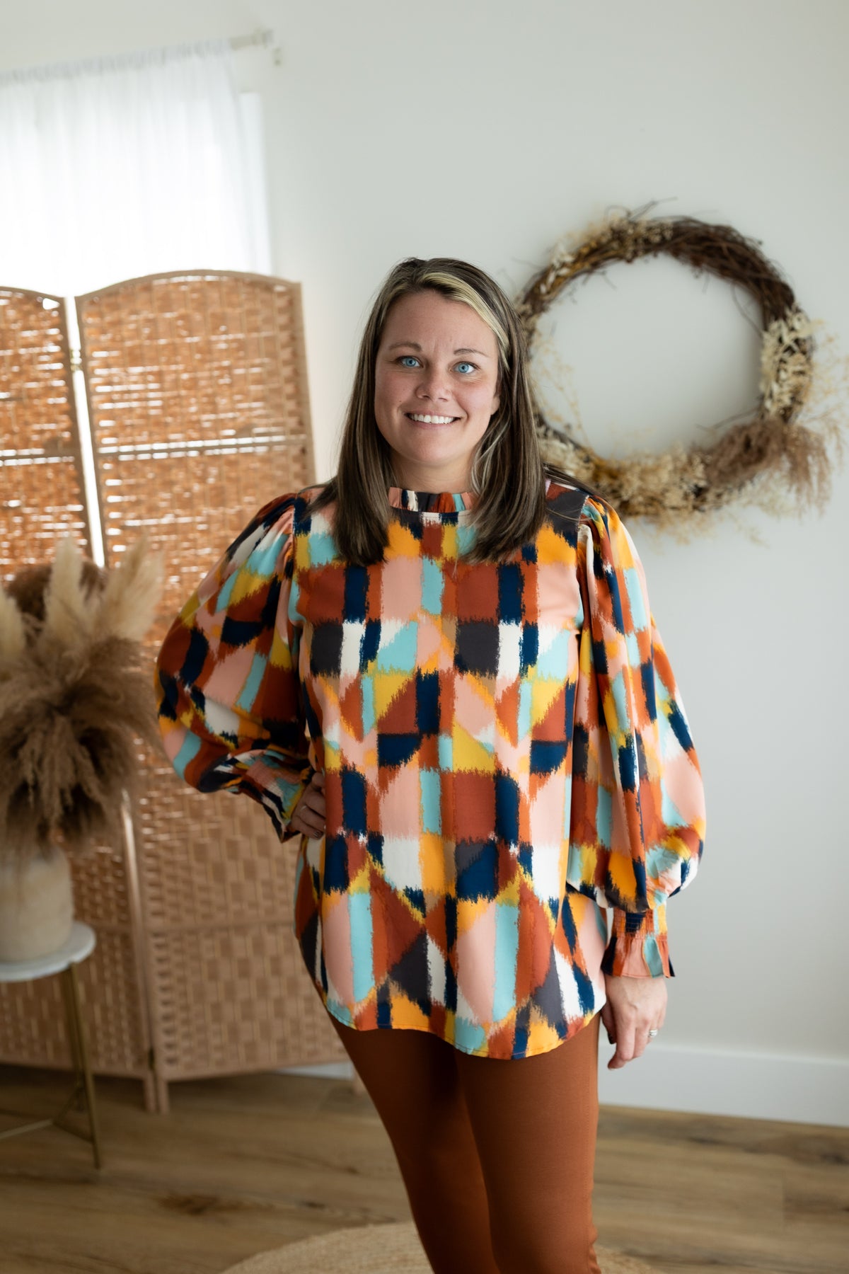 Mod Print Ruffled Neck Blouse