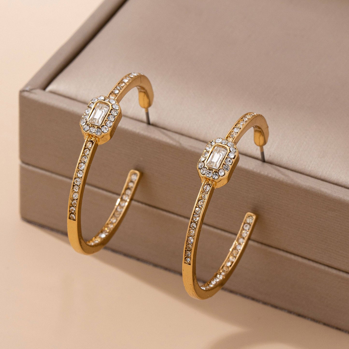 Gold Hoop Earrings with Square Crystal | Dainty Sparkle Hoops with Titanium Posts
