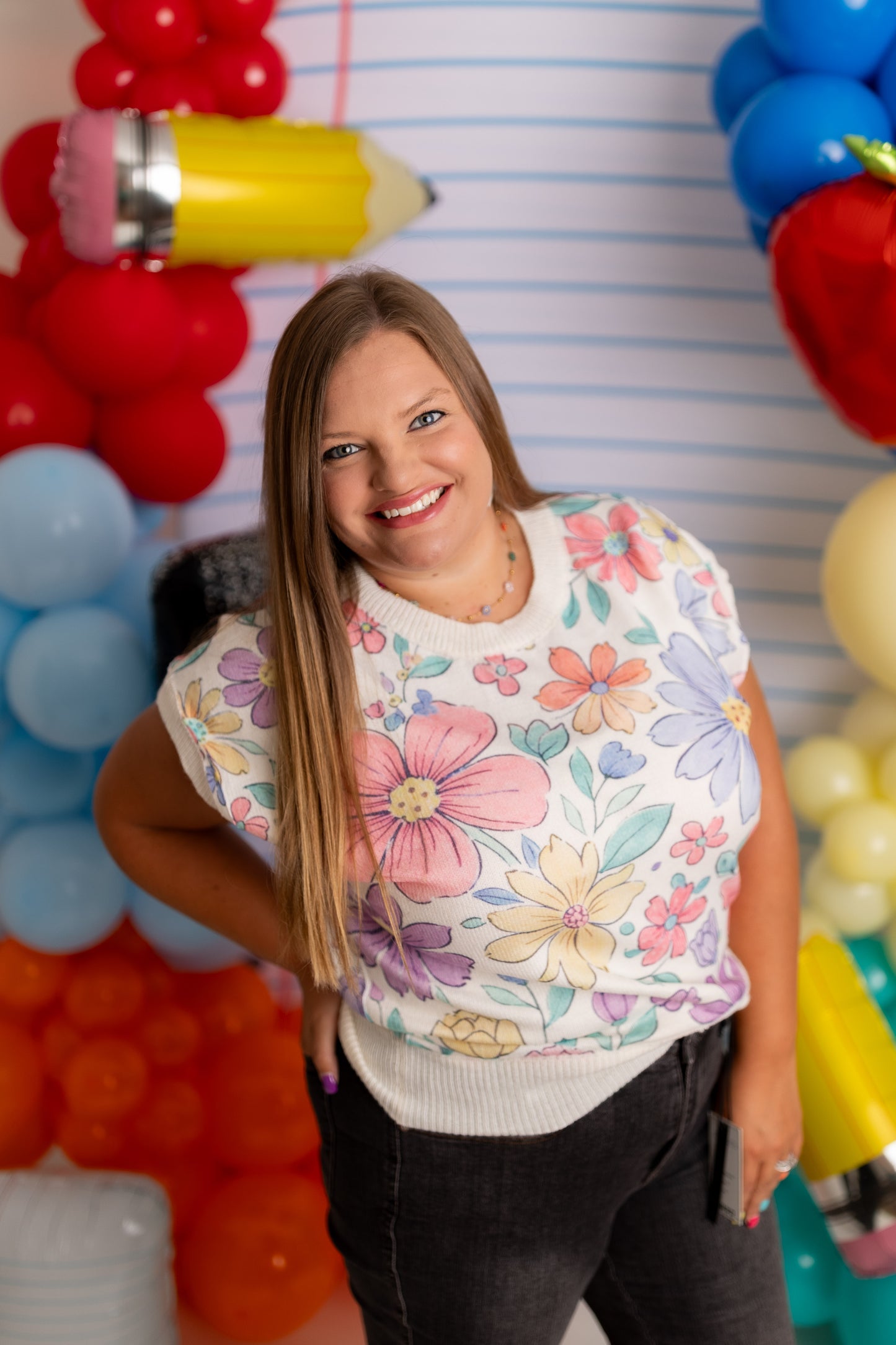 Flower Artwork Printed Knit Top | Floral Short Sleeve Boutique Shirt