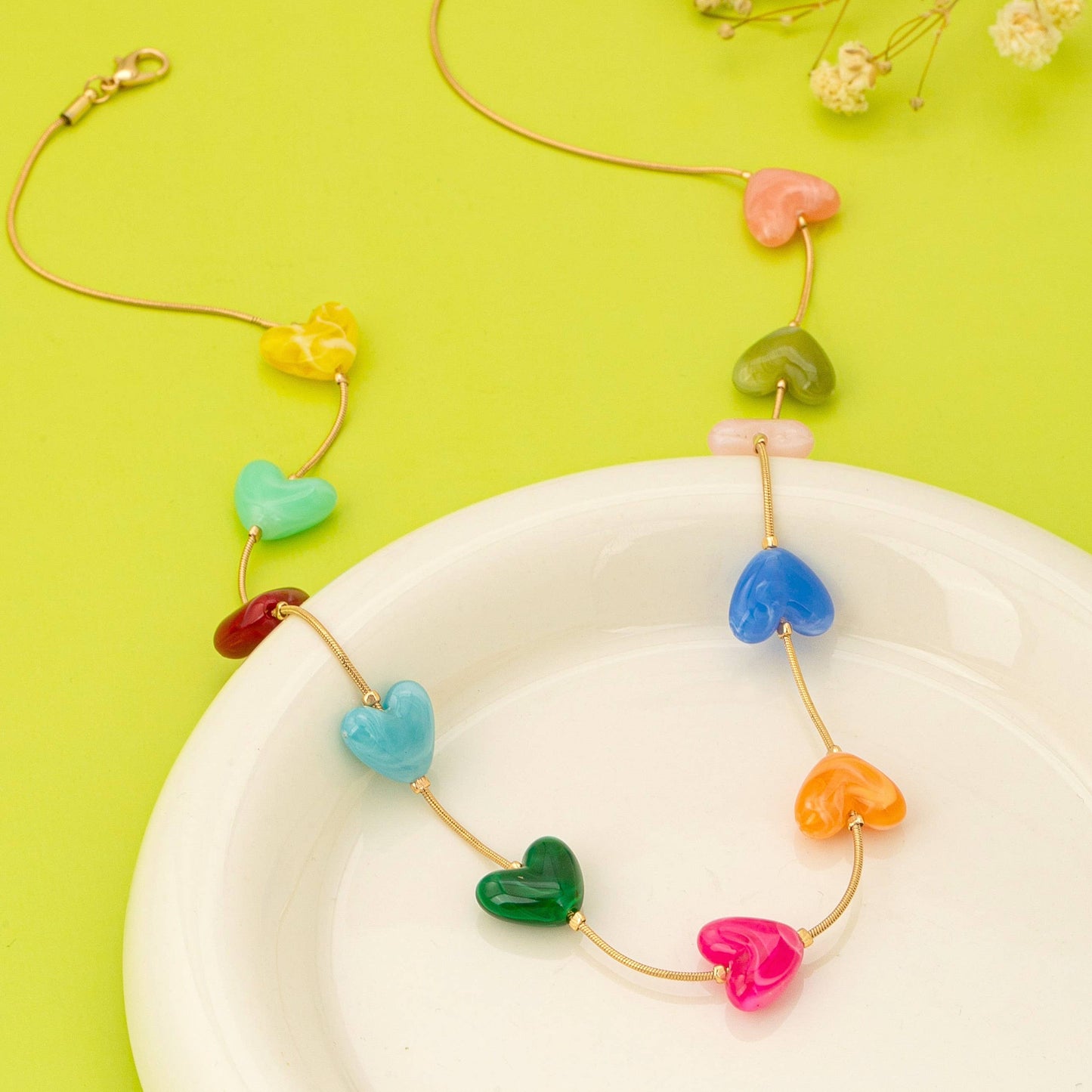 Multicolor Resin Beaded Heart Station Necklace