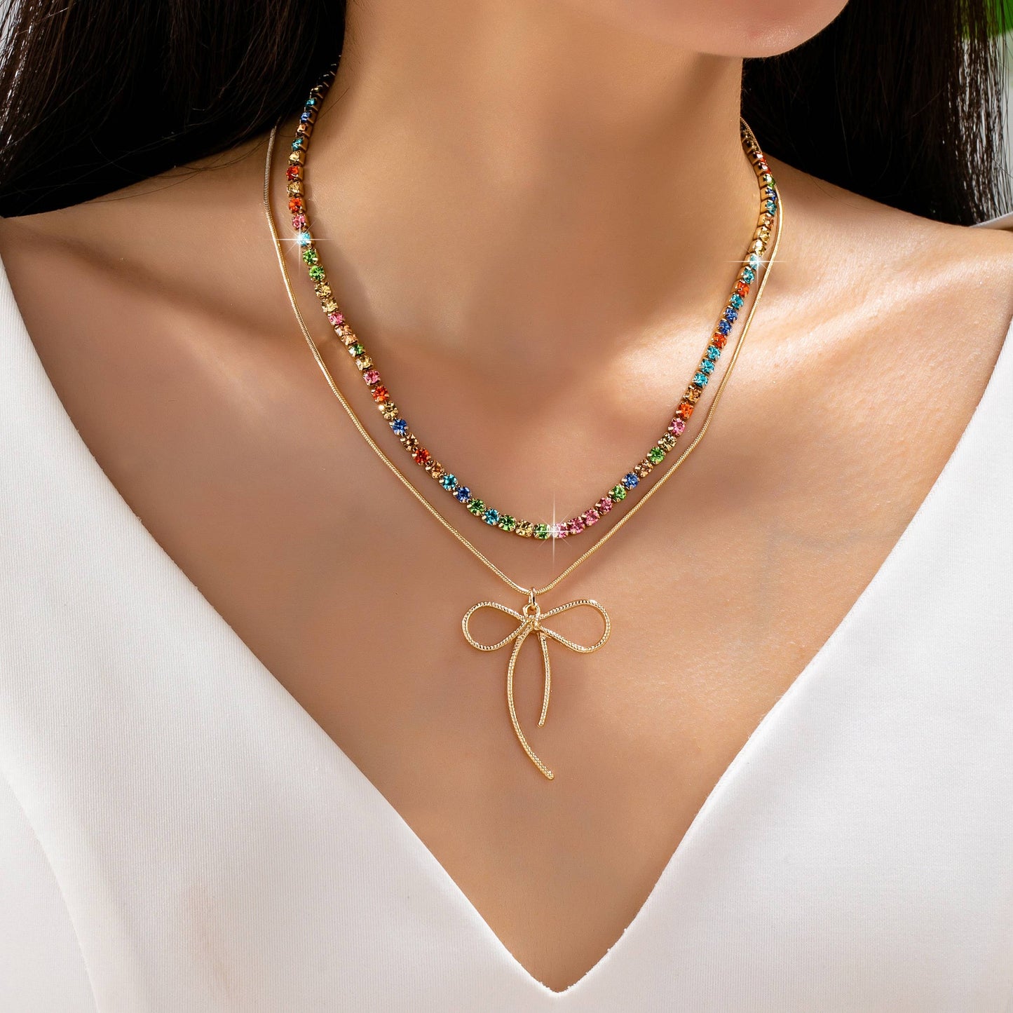 Rainbow Gemstone Bow Layered Necklace