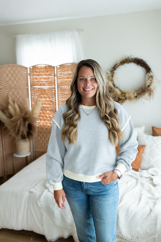 Heather Grey Fleece Contrast Trim Piping Sweatshirt