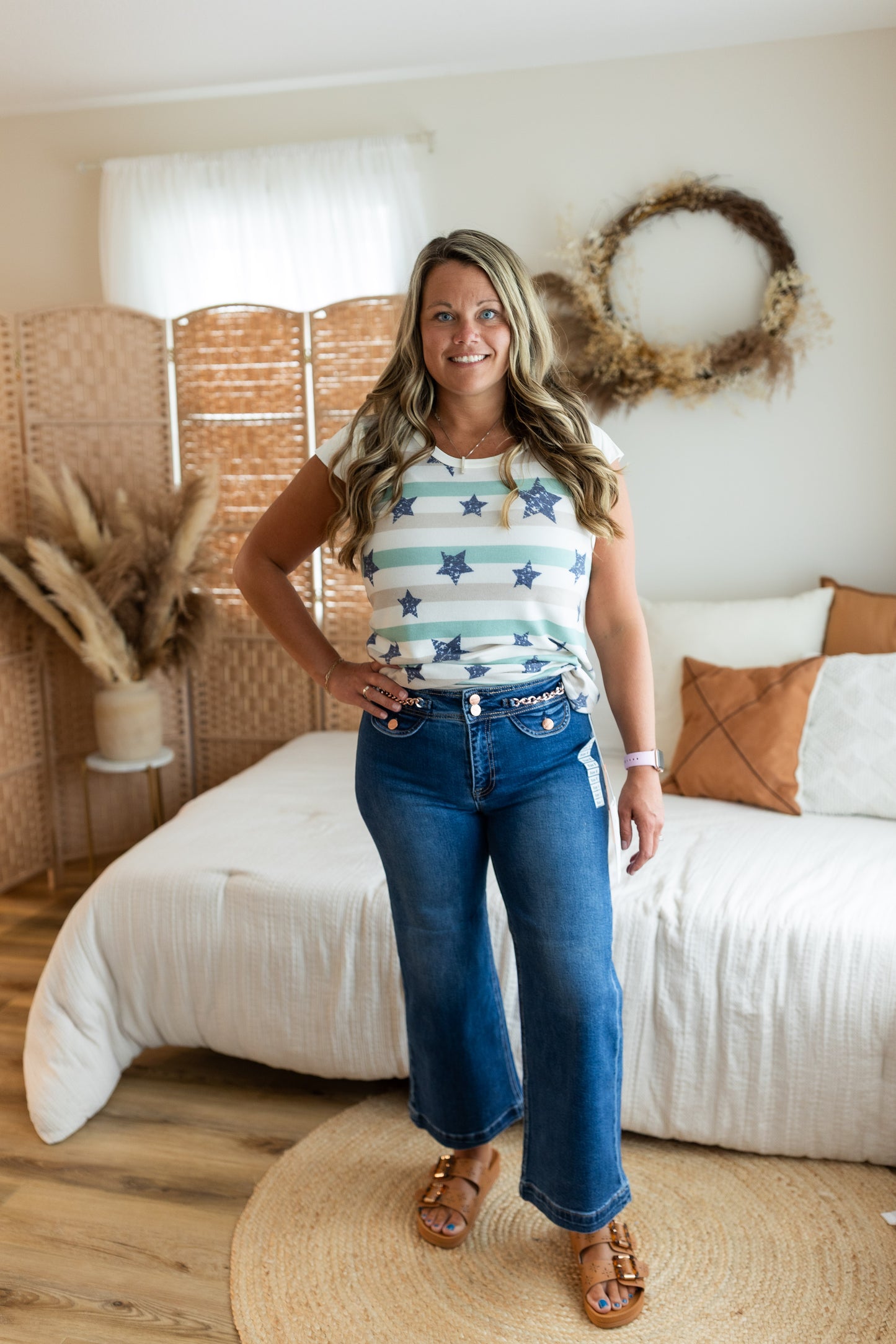 Risen High Rise Crop Wide Leg Jeans with Waist Chain Detail | Stretch Denim