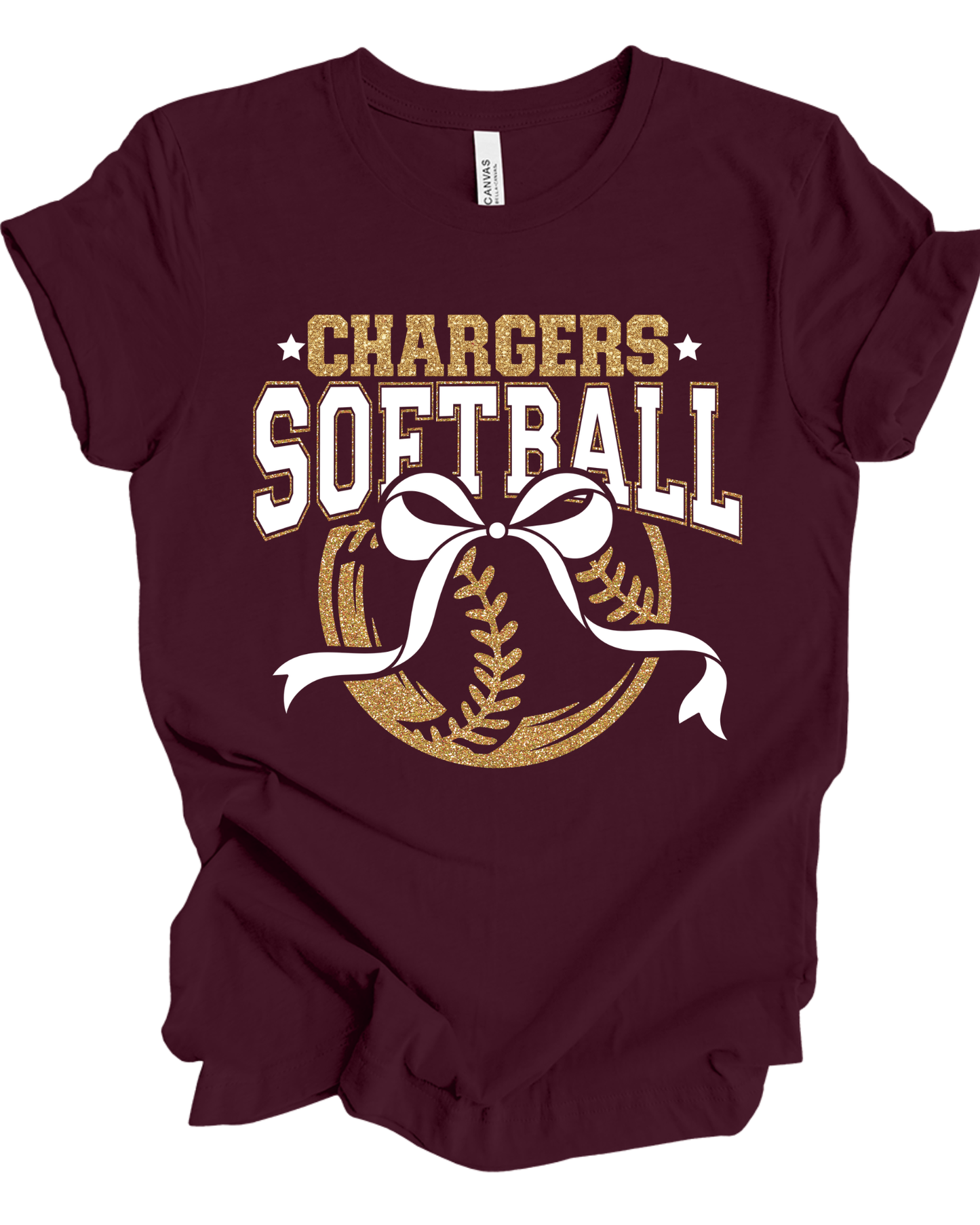 Chargers Softball Graphic Tee | Glitter Gold Bow Softball Shirt | Game Day Spirit Tee