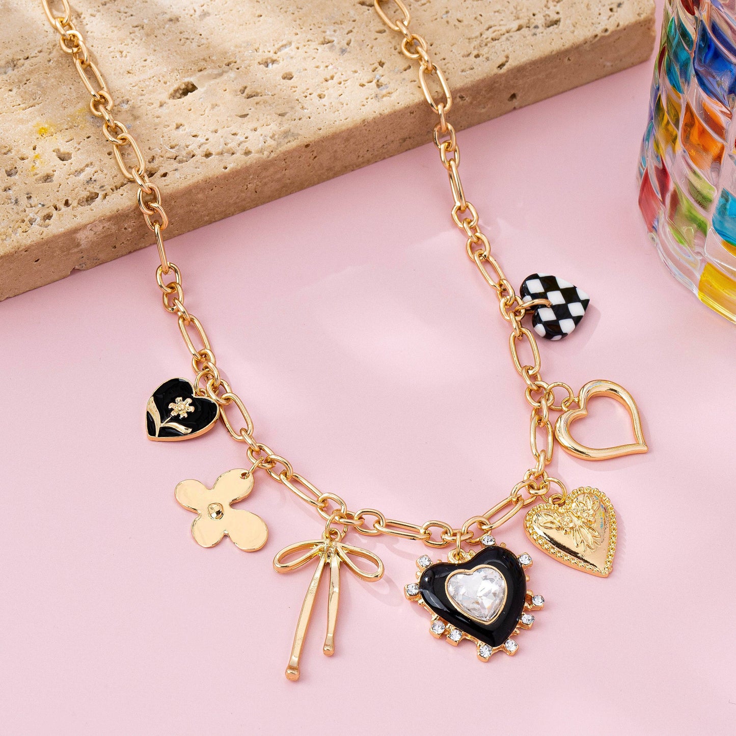 Gold Bow and Checker Heart Charm Necklace | Rhinestone Heart Trendy Charm Necklace