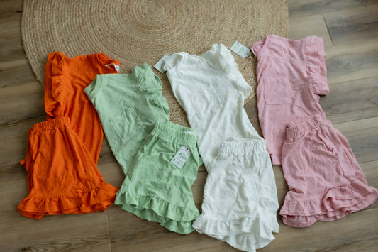 Floral Textured Knit Top & Shorts Set | Ruffle Sleeve Lounge Set with Pockets