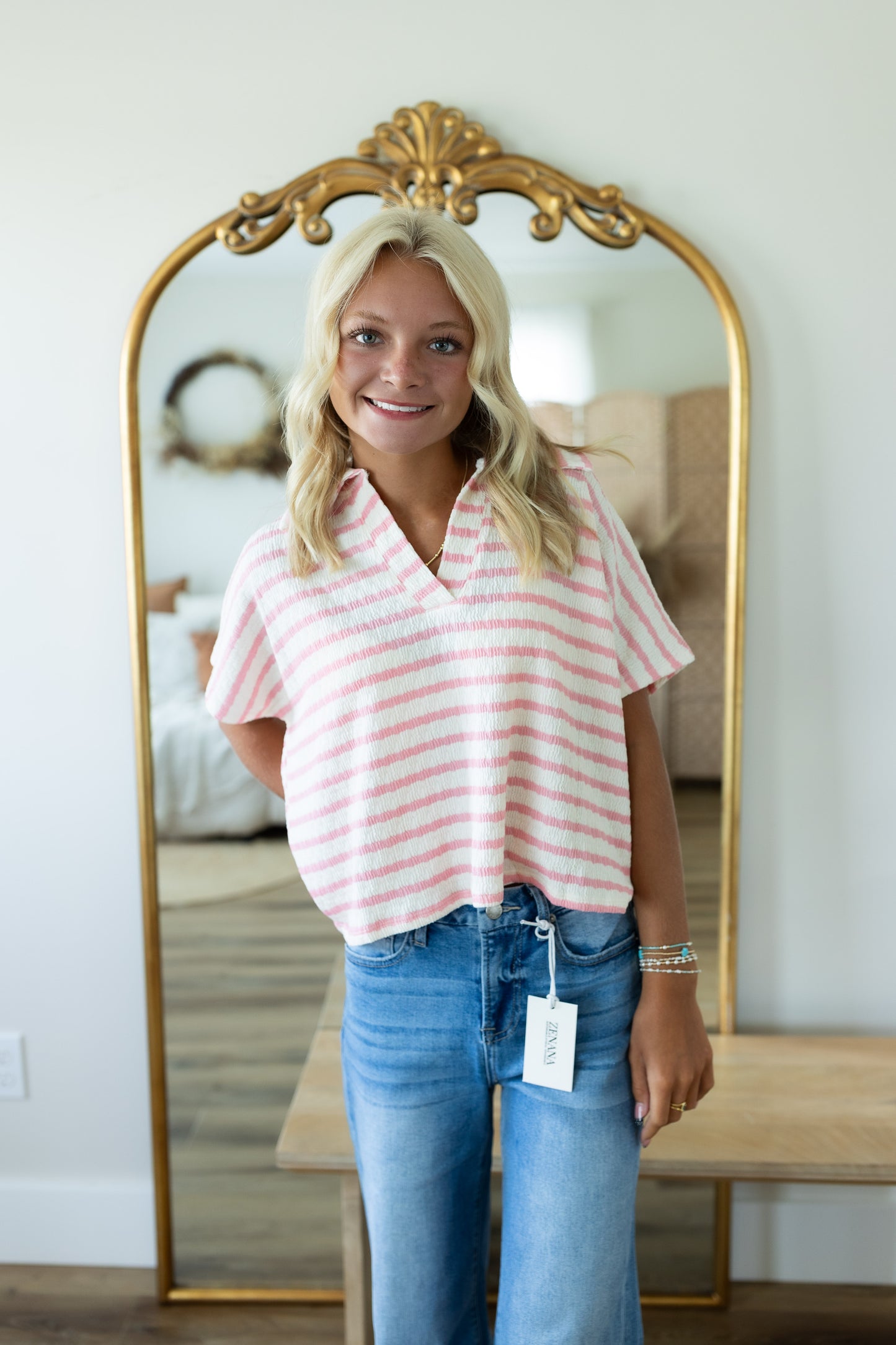 Striped Split Neck Collared Top | Relaxed Fit Casual Blouse