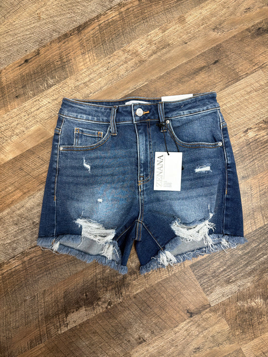 Zenana Shark Bite Distressed Denim Shorts | Edgy Frayed Hem Mid Rise Shorts